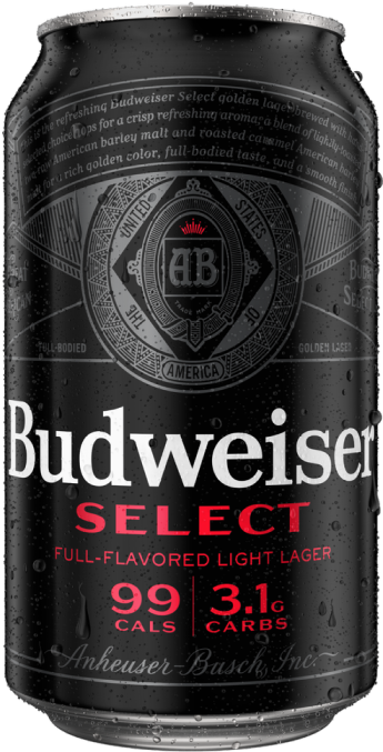 a presented budweiser select beer, the drops dripping from the cold can